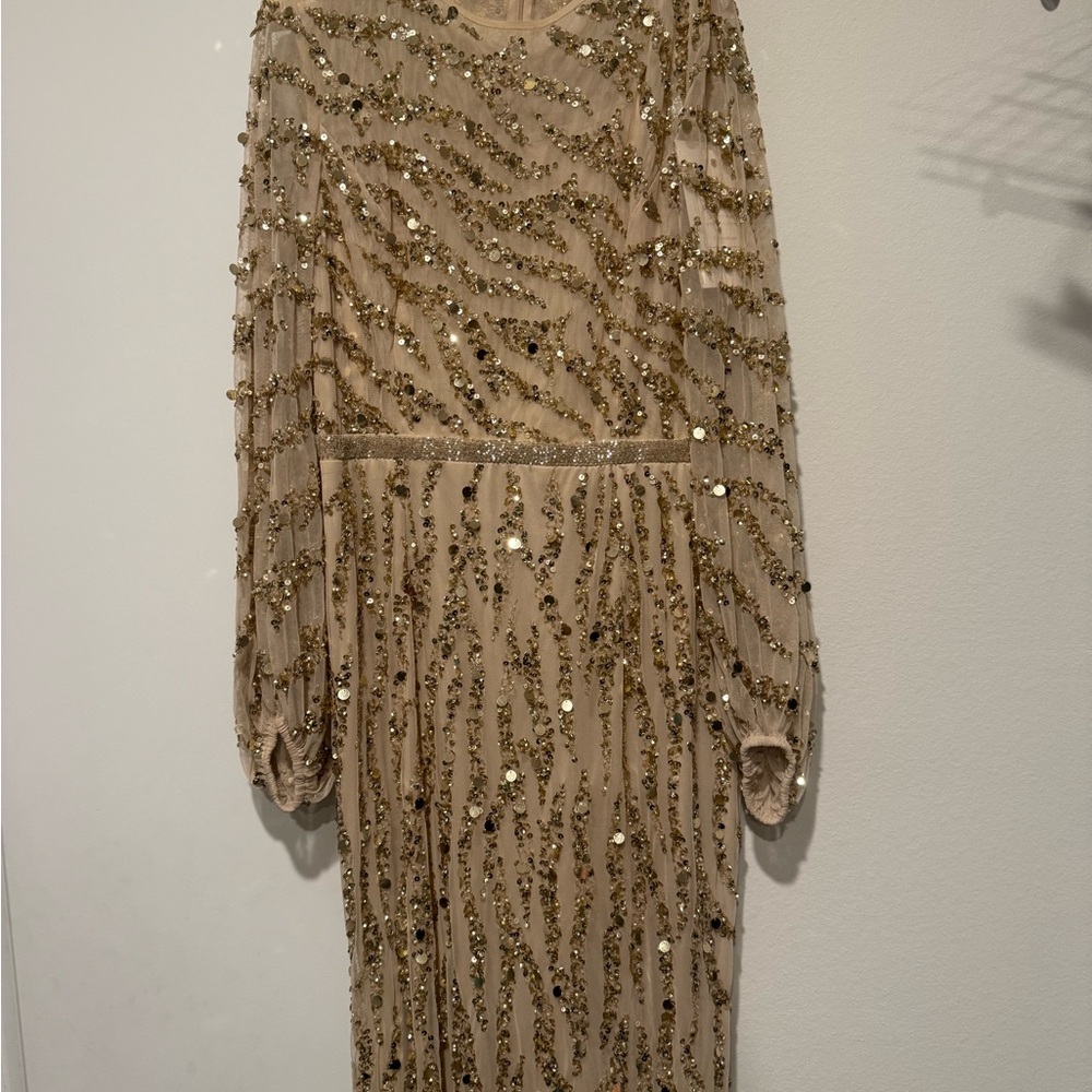 New Mac Duggal Gold Embellished High Neck Puff Sleeve Trumpet Gown size 12 - Picture 6 of 13